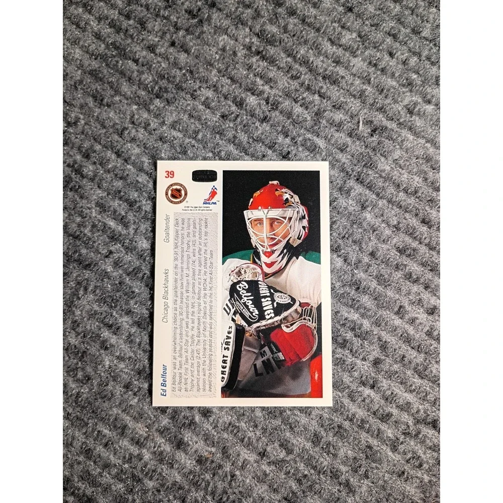 91-92 Upper Deck Blackhawks Ed Belfour All Rookie Team Hockey Card #39
